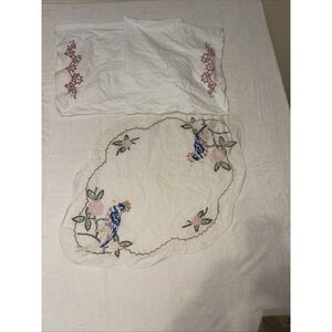 Vintage Linen Table Runner 58"x20" & 38"x38" Topper Bird Floral Embroidered Lot